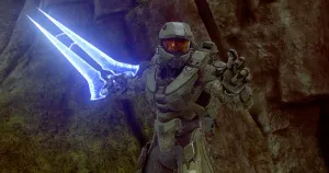 Intense Halo Energy Sword Battle Scene Wallpaper
