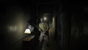 Intense Moment From Resident Evil 7 Game: Character Standing In A Creepy Room With A Pistol Aimed Ahead. Wallpaper