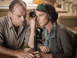 Intense Telephone Listening Vintage Scene Wallpaper