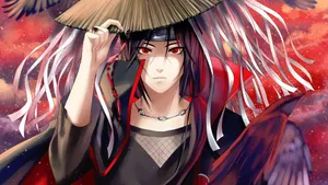 Itachi Aesthetic Holding Conical Straw Hat With Right Hand And Sharingan Eyes Wallpaper