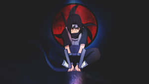 Itachi Aesthetic Looking Down With Frog Seat With Sharingan Eyes In Background Wallpaper