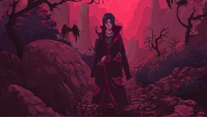 Itachi Aesthetic Wearing Akastuki Cloud Robe Standing In The Middle Of Forest Wallpaper