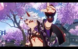 Itto Genshin Impact Purple Trees Wallpaper