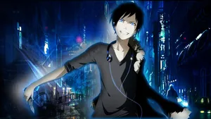 Izaya Orihara Smirking Against The City Backdrop Wallpaper