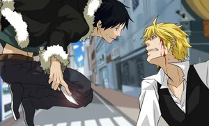 Izaya Orihara Smirking Amidst The Cityscape Wallpaper