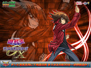 Jaden Yuki Posing With His Elemental Heroes In An Intense Duel Scene Wallpaper