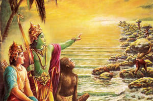 Jai Shri Ram Rama And Sita By Beach Rocks Wallpaper