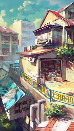 Japan Anime Hillside Houses Wallpaper