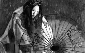 Japan Black And White Woman Parasol Wallpaper