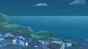 Japanese Aesthetic Houses Near Sea Desktop Wallpaper