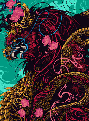 Japanese Dragon With Pink Roses Wallpaper