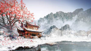 Japanese Temple At Twilight During Winter Wallpaper