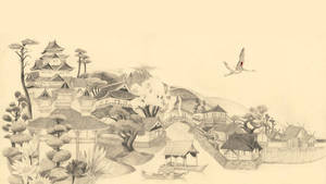 Japanese Village Drawing Wallpaper