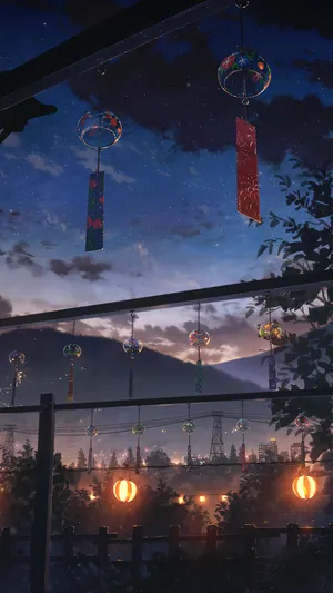 Japanese Wind Bells Night Anime Scenery Wallpaper