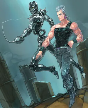 Jean Pierre Polnareff Posing Heroically With Silver Chariot In A Fanart Wallpaper Wallpaper