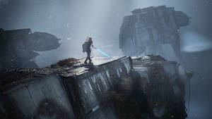 Jedi Master Cal Kestis Battles At-at Walkers In Star Wars Jedi Fallen Order. Wallpaper