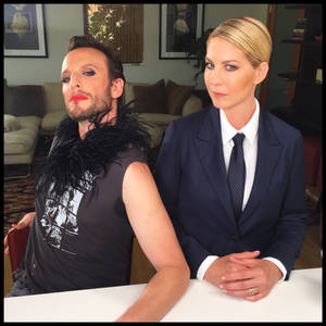 Jenna Elfman And Bodhi Elfman Pulling Off A Fun Gender Swap Pose Wallpaper