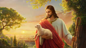 Jesus Christ Lovingly Guiding His Sheep Wallpaper