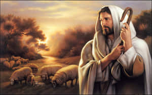 Jesus Christ, The Shepherd With His Flock Wallpaper