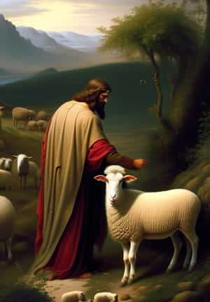 Jesus Lovingly Guiding His Flock Of Sheep Wallpaper