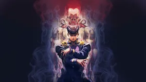 Josuke Higashikata Striking A Dynamic Pose Against A Vivid Background Wallpaper