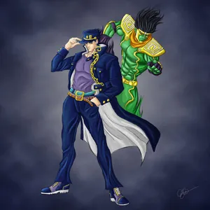 Jotaro Kujo And Star Platinum Engaged In Battle Wallpaper