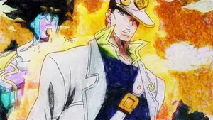 Jotaro Kujo Standing Fiercely In Jojo's Bizarre Adventure Wallpaper Wallpaper