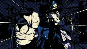 Jotaro Kujo Strikes A Pose In His Iconic Outfit Standing Against A Striking Night Cityscape. Wallpaper
