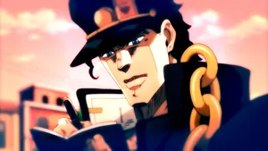 Jotaro Kujo Striking A Pose In His Iconic Outfit Wallpaper