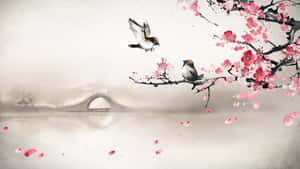 Joyful Spring Birds On Blooming Branch Wallpaper