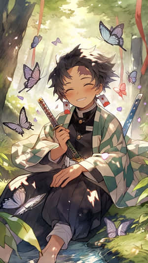 Joyful Tanjiro Amidst Butterflies Wallpaper