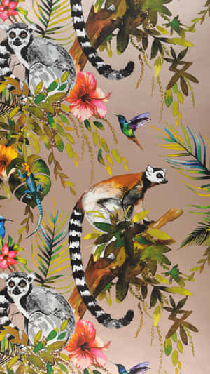 Jungle Print With Lemurs Wallpaper