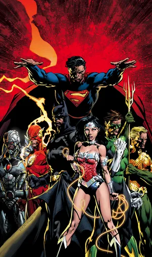 Justice League Gods And Monsters Animated Movie Poster Featuring Alternate Versions Of Iconic Superheroes Wallpaper