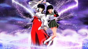 Kagome Higurashi Striking A Powerful Pose In A Beautiful Japanese Kimono. Wallpaper