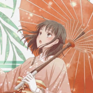 Kagura_ Sohma_ Traditional_ Attire_with_ Umbrella Wallpaper