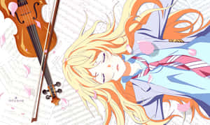 Kaori Miyazono Violinand Sakura Petals Wallpaper