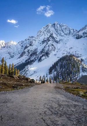 Kashmir Mountain Road Snowy Peaks Wallpaper