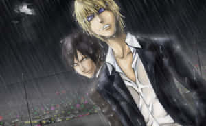 Kasuka Heiwajima Striking A Dynamic Pose With Intense Eyes In Front Of A Multicolored Background. Wallpaper