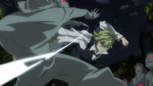 Kasuka Heiwajima Striking An Intense Pose In A Dynamic Backdrop Wallpaper