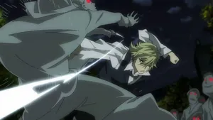 Kasuka Heiwajima Striking An Intense Pose In A Dynamic Backdrop Wallpaper