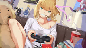 Kawaii Gaming Girl Intensely On Console Wallpaper