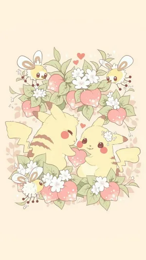 Kawaii Pikachuand Floral Backdrop Wallpaper