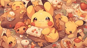 Kawaii Pokemon Pikachuand Friends Dessert Time Wallpaper