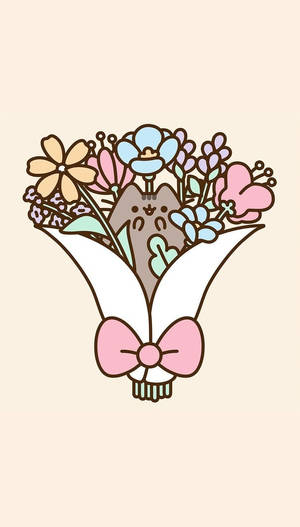 Kawaii Pusheen Cat In Bouquet Wallpaper