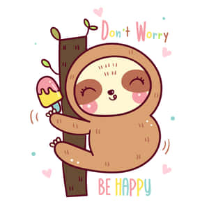 Kawaii Sloth Chilling On Rainbow Branch Wallpaper