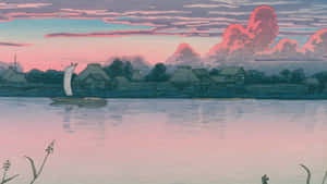 Kawase Hasui Serene Lakeside Sunset Wallpaper