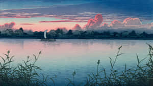 Kawase Hasui Twilight Lake Scene Wallpaper