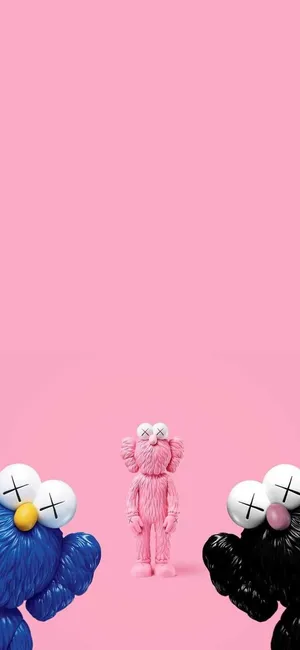 Kaws Companion Flankedby B F Fs Pink Backdrop Wallpaper