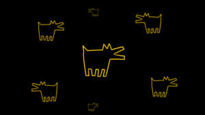 Keith Haring Inspired Yellow Dogson Black Wallpaper