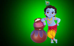 Kid Little Krishna In Green Wallpaper